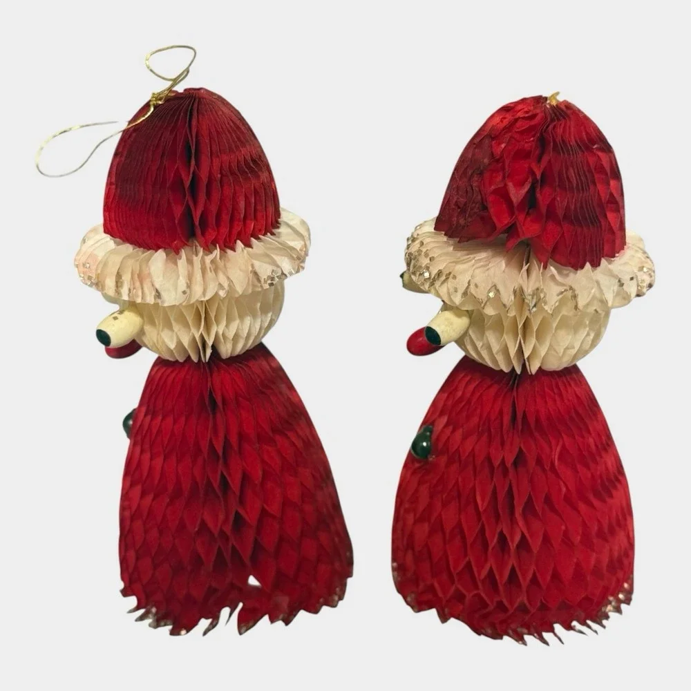 Honeycomb Paper Santa Ornaments Set of 6 Original Box c1950s Christmas Vintage